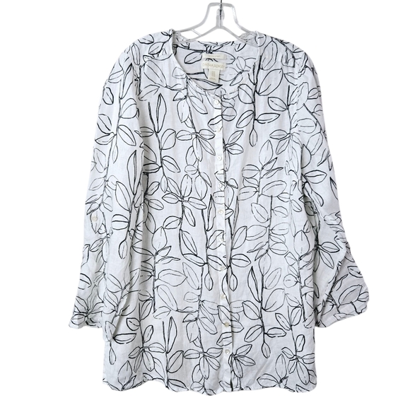 Cynthia Rowley 1X 100%‎ Linen White Black Floral Roll-Tab Button-Up Blouse Top - Picture 1 of 12